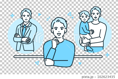 工作和私人生活之間的良好平衡。一個過著充實生活的男人的插圖素材。 102623435