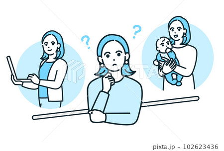 仕事と家庭。結婚したキャリア女性がワークライフバランスについて考えるイラスト素材。 102623436