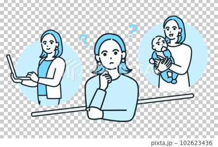 仕事と家庭。結婚したキャリア女性がワークライフバランスについて考えるイラスト素材。 102623436