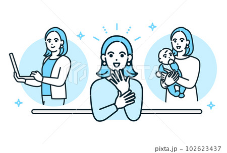 ワークライフバランスが取れていて仕事も家庭も充実している女性のイラスト素材。 ワークライフバランスが取れていて仕事も家庭も充実している女性のイラスト素材。 102623437