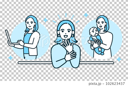 ワークライフバランスが取れていて仕事も家庭も充実している女性のイラスト素材。 ワークライフバランスが取れていて仕事も家庭も充実している女性のイラスト素材。 102623437