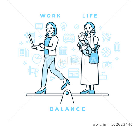 赤ちゃんと母親。仕事もして家族との時間も大切にするお母さんのイラスト素材。 102623440