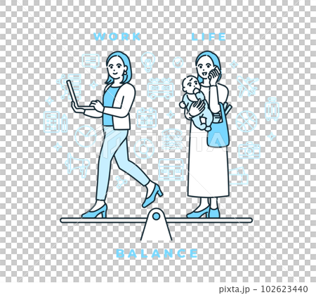 赤ちゃんと母親。仕事もして家族との時間も大切にするお母さんのイラスト素材。 102623440