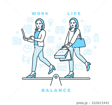 仕事もプライベートも充実している女性。独身生活を楽しむキャリアウーマンのイラスト素材。 102623442