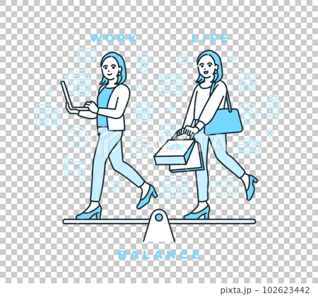 仕事もプライベートも充実している女性。独身生活を楽しむキャリアウーマンのイラスト素材。 102623442