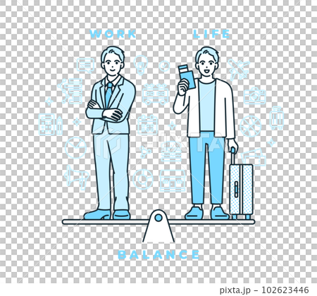 仕事も趣味の旅行も楽しむ男性のイラスト素材。ワークライフバランスのイラスト素材。 仕事も趣味の旅行も楽しむ男性のイラスト素材。ワークライフバランスのイラスト素材。 102623446