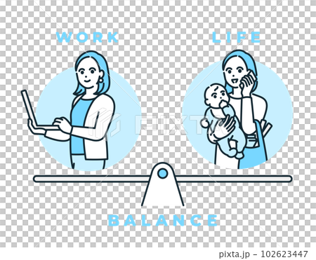work life balance. Illustration material of a woman who works powerfully on both childcare and work. 102623447