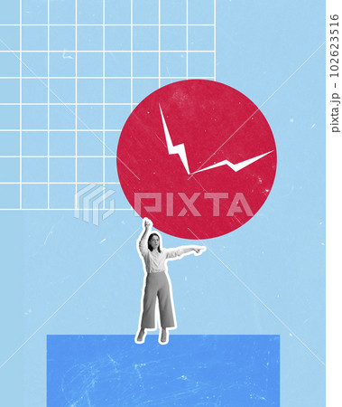 Contemporary art collage with woman, office worker holding huge clock with arrows on blue background. Time management Contemporary art collage with woman, office worker holding huge clock with arrows on blue background. Time management 102623516