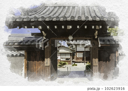 水彩画風　志度　圓通寺　山門　香川県さぬき市 102623916