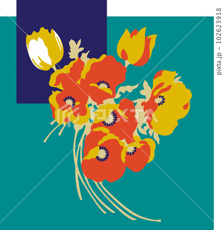 OLGA (1979) "flower power" decorative floral bouquet No.2.  Late 1970s fashion style, hand-drawn vector illustration. 102623918