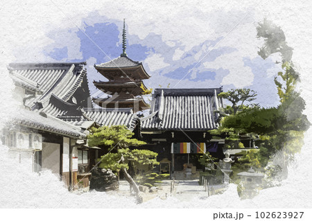 水彩画風　志度　圓通寺　本堂　香川県さぬき市 102623927