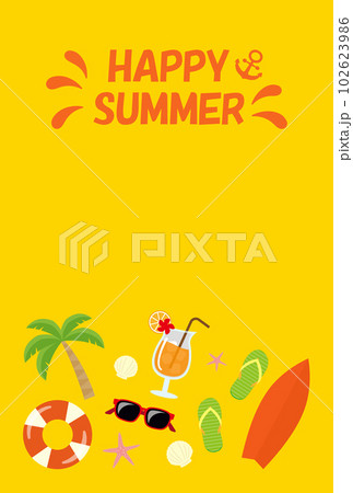 夏のグリーティングカード、暑中見舞いのデザイン、背景イエロー 夏のグリーティングカード、暑中見舞いのデザイン、背景イエロー 102623986