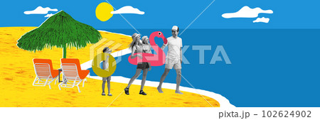 Loving, happy couple, man and woman on summer vacation with their little children. Swimming, sunbathing. Contemporary art collage. Loving, happy couple, man and woman on summer vacation with their little children. Swimming, sunbathing. Contemporary art collage. 102624902