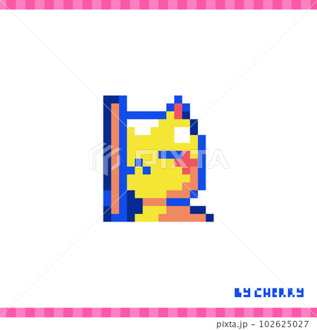 Pixel art cat. 90s 8bit style illustration of yellow kitten or cat is hiding around the corner. Cute 8 bit geek animal pet sticker or pixel art game element. 102625027