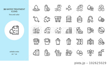 Water Quality Signs and Water Treatment Vector Icons Set. From Water Drop to Analysis, H2O Hygiene, PH Balance and Laboratory Bacterial Research. Editable Outline Collection. Water Quality Signs and Water Treatment Vector Icons Set. From Water Drop to Analysis, H2O Hygiene, PH Balance and Laboratory Bacterial Research. Editable Outline Collection. 102625029