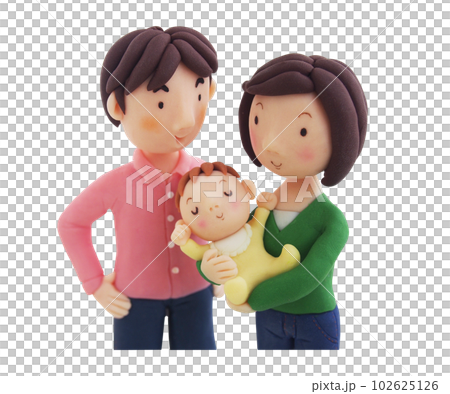 赤ちゃんを見つめる幸せそうな夫婦（粘土立体イラスト） 102625126