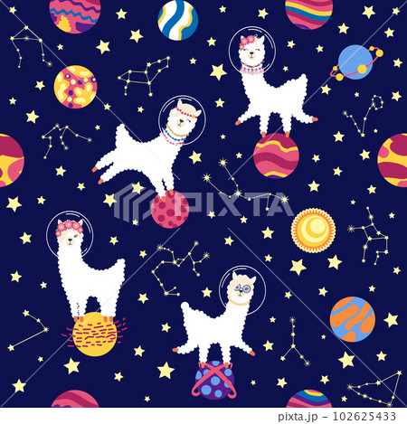 Seamless pattern with lama in a rocket, in space. Lama travels, adventures among the stars. Cute pattern with alpaca Seamless pattern with lama in a rocket, in space. Lama travels, adventures among the stars. Cute pattern with alpaca 102625433