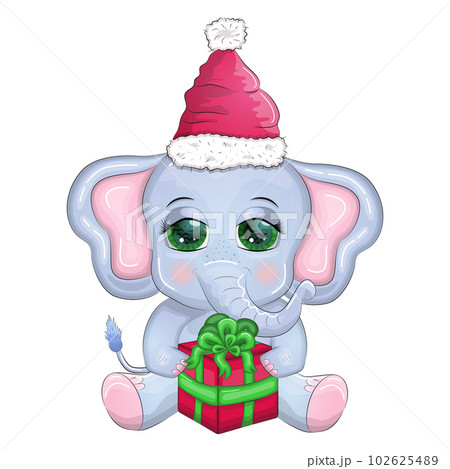 Cute cartoon elephant, childish character with beautiful eyes wearing santa hat, scarf, holding gift, christmas ball Cute cartoon elephant, childish character with beautiful eyes wearing santa hat, scarf, holding gift, christmas ball 102625489
