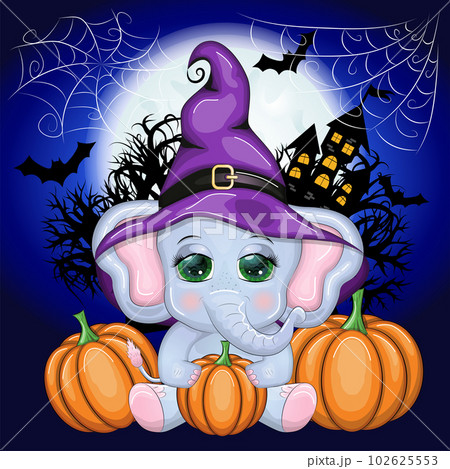 Cute cartoon elephant, childish character in wizard hat with pumpkin, potion or broom. Halloween postcard 102625553