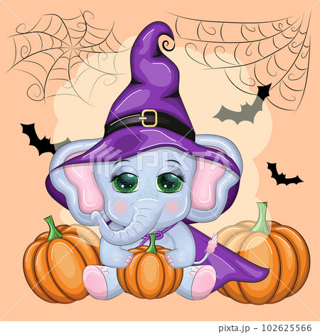 Cute cartoon elephant, childish character in wizard hat with pumpkin, potion or broom. Halloween postcard Cute cartoon elephant, childish character in wizard hat with pumpkin, potion or broom. Halloween postcard 102625566