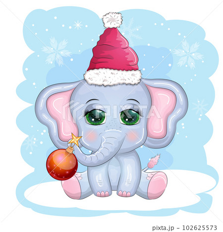 Cute cartoon elephant, childish character with beautiful eyes wearing santa hat, scarf, holding gift, christmas ball 102625573