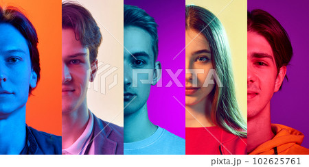 Cropped male and female halves of faces, placed on narrow vertical stripes in neon lights. Close-up Cropped male and female halves of faces, placed on narrow vertical stripes in neon lights. Close-up 102625761