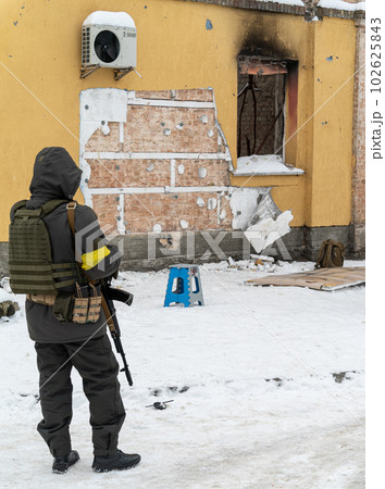 GOSTOMEL, UKRAINE - DECEMBER 02, 2022: Missing Banksy graffiti in Gostomel, Ukraine GOSTOMEL, UKRAINE - DECEMBER 02, 2022: Missing Banksy graffiti in Gostomel, Ukraine 102625843
