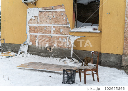 GOSTOMEL, UKRAINE - DECEMBER 02, 2022: Crime scene after Banksy graffiti theft in Gostomel, Ukraine 102625866