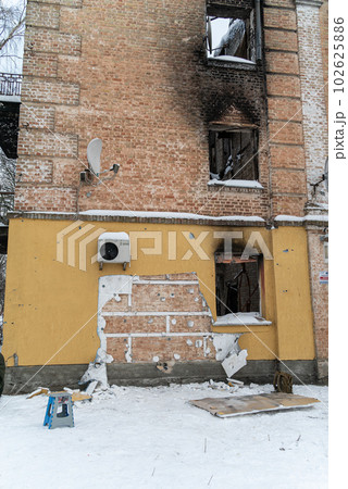 GOSTOMEL, UKRAINE - DECEMBER 02, 2022: Missing Banksy graffiti in Gostomel, Ukraine 102625886