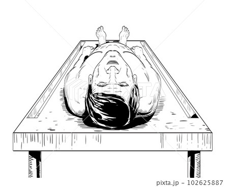 Male Dead Body on Autopsy Table in Forensic Pathology High Angle View Comics Style Drawing 102625887