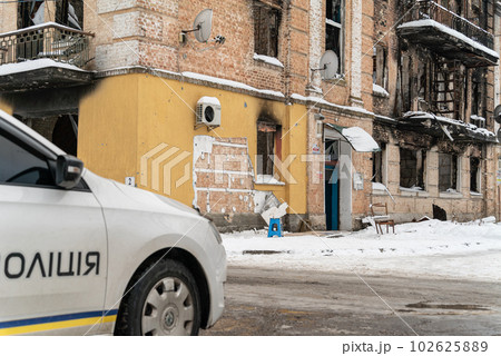 GOSTOMEL, UKRAINE - DECEMBER 02, 2022: Crime scene after Banksy graffiti theft in Gostomel, Ukraine GOSTOMEL, UKRAINE - DECEMBER 02, 2022: Crime scene after Banksy graffiti theft in Gostomel, Ukraine 102625889