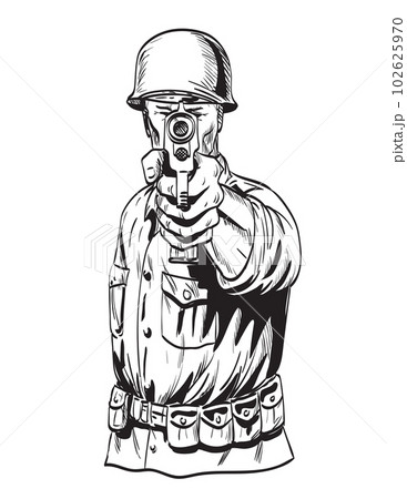 World War Two American GI Soldier Aiming Pistol Viewed from Front Comics Style Drawing 102625970