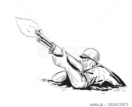 World War Two American GI Soldier Aiming Firing Rifle Front Low Angle View Comics Style Drawing 102625971