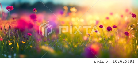 Field of colorful wildflowers at sunrise closeup image. AI generated illustration Field of colorful wildflowers at sunrise closeup image. AI generated illustration 102625991