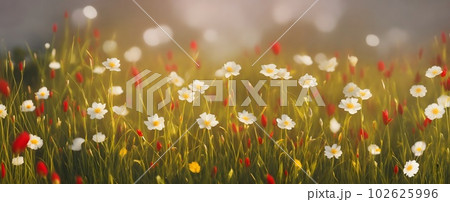 Field of wildflowers closeup image. AI generated illustration Field of wildflowers closeup image. AI generated illustration 102625996