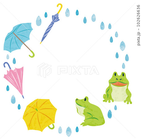 6月 梅雨 カエルと傘 イラスト素材 丸フレーム 6月 梅雨 カエルと傘 イラスト素材 丸フレーム 102626636