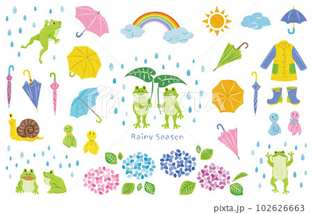 6月　梅雨　カエルや紫陽花などのイラスト素材セット 102626663