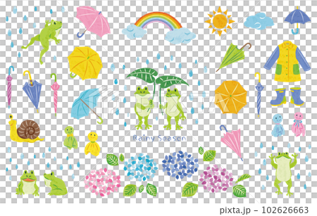 6月　梅雨　カエルや紫陽花などのイラスト素材セット 102626663