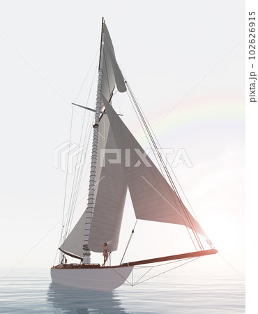 Rainbow and sailing yacht in fog 102626915