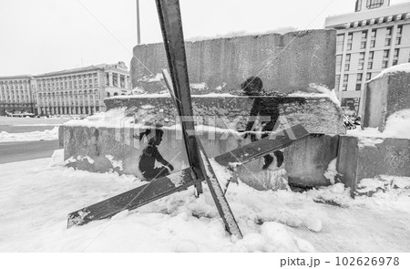 Kyiv, Ukraine - Banksy graffiti on Independence Square, black and white photo 102626978