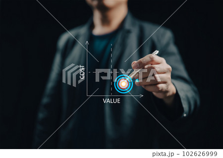 Cost benefit analysis. Concept about the relationship between Low Cost and High Value. 102626999