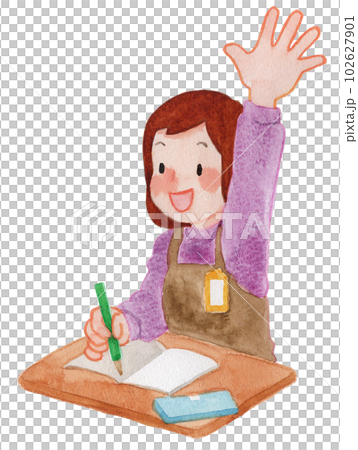 手を挙げている小学生女子のイラスト　水彩手描き 102627901
