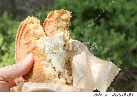 10ウォンパンを割り、中のチーズが見えているところ（韓国） 102629098