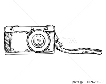 Ink hand drawn vector graphic sketch of isolated object. Old vintage photo camera with a handstrap for holding. Design for tourism, travel, brochure, wedding, guide, print, card, tattoo, professional. 102629622