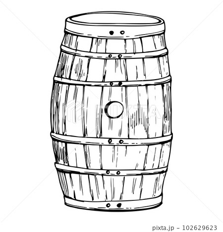 Ink hand drawn vector sketch of isolated object. Wooden barrel side and top view for storing liquor whisky whiskey sherry beer. Design for tourism, travel, brochure, guide, print, card, tattoo, menu. 102629623