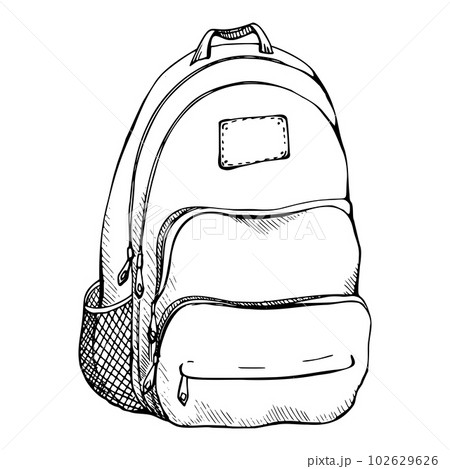 Ink hand drawn vector graphic sketch of isolated object. Backpack for hiking, sightseeing, tourist accessory luggage baggage rucksack. Design for tourism, travel, brochure, guide, print, card, tattoo. 102629626