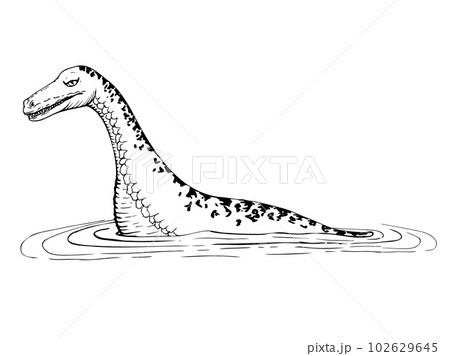 Ink hand drawn vector sketch of isolated object. Loch Ness ancient Nessie monster animal, Scotland symbol. Dinosaur plesiosaurus. Design for tourism, travel, brochure, guide, print, card, tattoo. 102629645