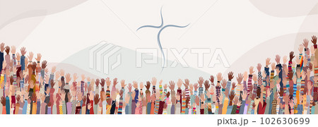 Group of many Christians people with raised hands praying or singing. Christianity in the world.Christian worship.Concept of faith and hope in Jesus Christ.Background with christian cross 102630699