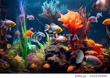 Tropical sea underwater fishes on coral reef. Aquarium oceanarium wildlife colorful marine panorama landscape nature snorkeling diving Tropical sea underwater fishes on coral reef. Aquarium oceanarium wildlife colorful marine panorama landscape nature snorkeling diving 102630900