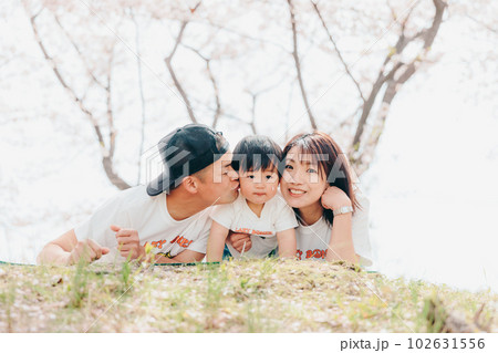 桜の木の下で寝そべっている家族の写真 桜の木の下で寝そべっている家族の写真 102631556